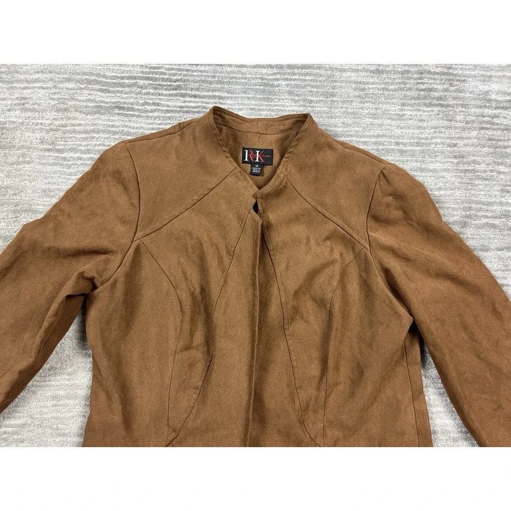 R&K Original Jacket Womens 14 Brown Polyester Open Front Faux Suede Feel‎